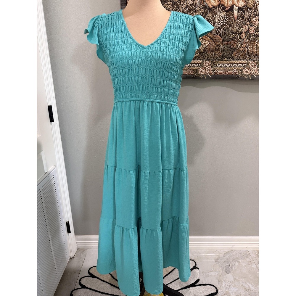 By The River Dress Womens M Blue Smocked Flutter Sleeve Tiered Maxi Sundress